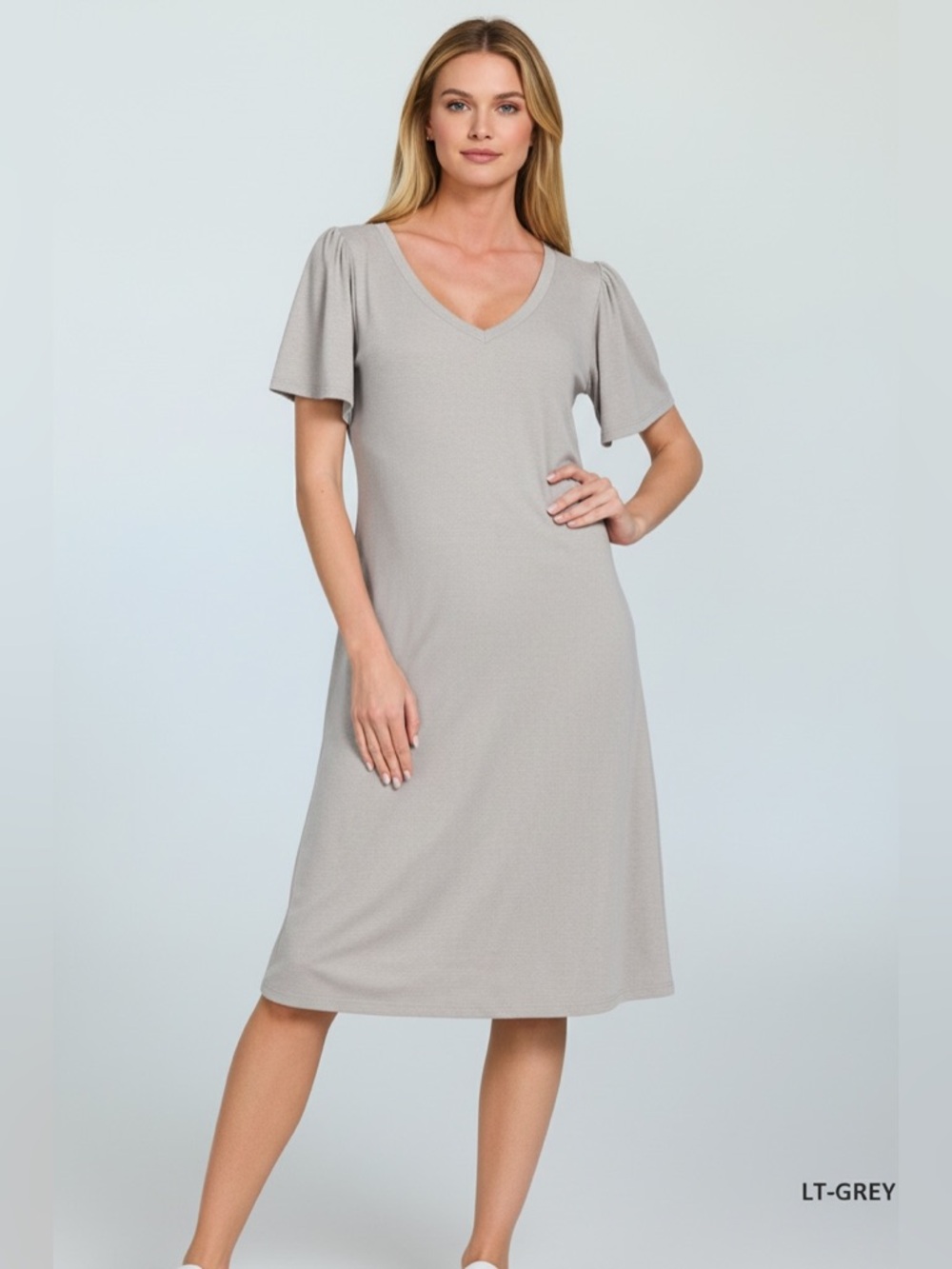 Zenana Outfitters Light Grey V-Neck Flutter Sleeve Midi Dress